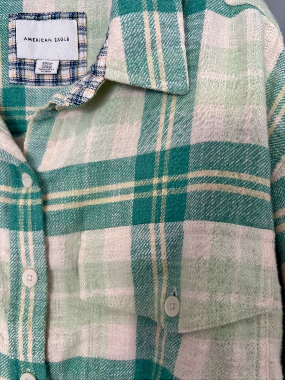American Eagle Size Small Green Plaid Long Sleeve Top - Picture 3 of 5